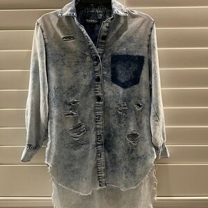 Thrill Vintage Blue Distressed Button Down Top